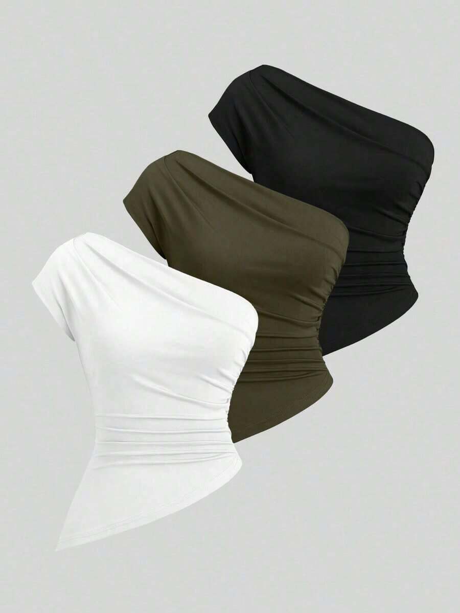 Sweetro Conjunto de top asimétrico con hombro fruncido elegante para mujer - Multicolor 2 - Ver 1