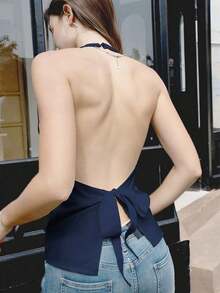 Top sin espalda con cuello halter y escote en V profundo, de unicolor y con nudo retorcido, para mujer - Azul marino - Ver 2