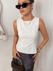 Camisa blanca sin mangas de algodón y lino, ajustada, con botones de nudo de bambú, estilo vintage para oficina - Blanco - Ver 3