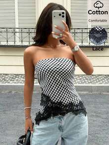 Top bandeau de satén mate con ribete de encaje, de moda casual de verano para playa y resort para mujer - Blanco y Negro - Ver 7
