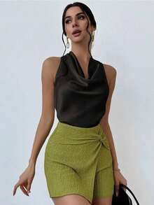 Blusa de mujer simple y elegante en tono albaricoque con cuello en V y corbata en la cintura. - Negro - Ver 5