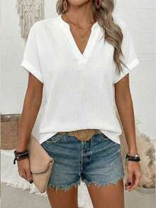 Camiseta suelta de mujer de manga de murciélago con escote en pico, de tela texturizada de unicolor, para verano y vacaciones - Blanco - Ver 6
