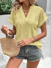 Camiseta suelta de mujer de manga de murciélago con escote en pico, de tela texturizada de unicolor, para verano y vacaciones - Amarillo - Ver 5