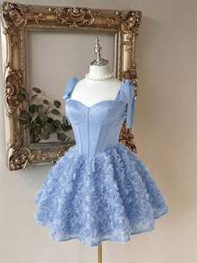 Elegante, romántico y de moda vestido de satén color café con hombros descubiertos y cola de sirena, con decoración floral 3D y volantes en el bajo, adecuado para fiestas de solteros, bodas, graduaciones, vacaciones, tardes de té y ocasiones formales - Celeste - Ver 7