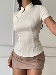 Blusa de cuello Mao de manga corta con cintura ceñida, estilo chino nuevo en color albaricoque, nuevo diseño de primavera/verano para mujer - Albaricoque - Ver 5