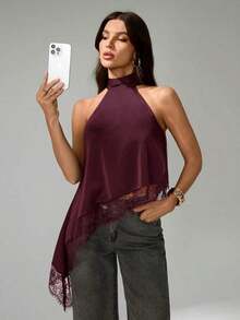 Tall Blusa sin mangas elegante y formal con cuello halter asimétrico, adorno de encaje y hombros descubiertos para fiesta, cóctel, boda o salida nocturna en primavera, verano y otoño - Burdeos - Ver 7