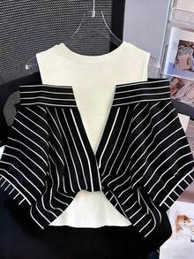 Conjunto de vacaciones para mujer con camisa a rayas de dos piezas falsa - Blanco y Negro - Ver 2