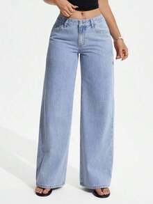 ICON Solid Color Wide Leg Pocket Jeans, Casual And Versatile - 淺色水洗 6 - 查看 3
