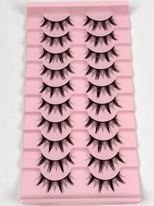 10 Pairs Anime Style False Eyelashes, Thick Black Pointed Tip Cartoon Eyelashes, Cute Lashes For Party, Natural Makeup Effect Anime Lashes, Delicate Korean Style Lashes, Exaggerated Thick Japanese Cosplay Lashes - Black - View 6