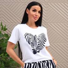 Camiseta de Verano 2026 para Mujer, Cuello Redondo, Manga Corta, Talla Grande, Corte Holgado, Estampada, de Algodón, para Cubrir el Vientre - Blanco - Ver 5