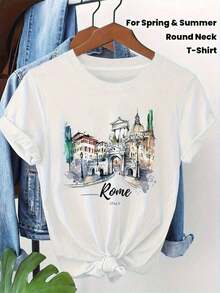 Camiseta de cuello redondo para mujer, de primavera y verano, con un diseño de ilustración en acuarela de edificios icónicos de Roma, Italia. Camiseta de manga corta para mujer, de cuello redondo, informal, para uso diario y viajes. - Blanco - Ver 1