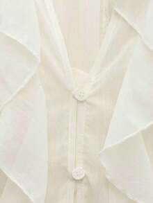 Blusa elegante de mujer con cuello en V, abotonada, de manga larga, con decoración laminada, color liso, Primavera 2025 - Blanco - Ver 5