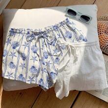 2-Piece Set, Versatile And Casual, One With Shell Print And One With Cotton And Linen, Suitable For Seaside Vacation,Comfy Shorts,Linen Pants Beach Summer Shorts - Blanco y Negro - Ver 4