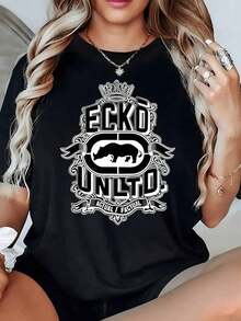 Ornamental Crown Framing A Powerful Rhinoceros Symbolizing Strength And Determination In Harmony With Artistic Details. Women's T-Shirt, 100% Cotton, 220g - 黑色 - 查看 1