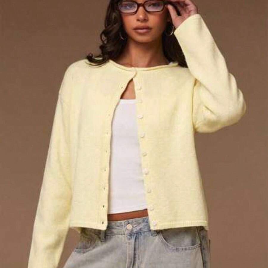 Women's Sapphire Blue Knit Cardigan, Soft Yarn Relaxed Straight Fit Classic Round Neck Drop Shoulder Long Sleeve Minimalist Chic Cardigan For Layering In Spring And Autumn,Bright Blue Knit Button Cardigan,Winter,New Year, Autumn/Winter, Blue Cardigan - Amarillo claro - Ver 1