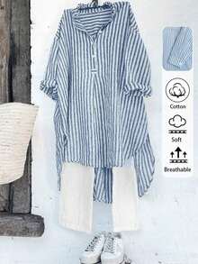 Women's Striped Shirt With Partially Open Collar - Multicolor 2 - View 1