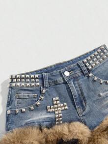 Grunge Punk Shorts vaqueros mini de cintura súper baja con decoración de cruz con tachuelas, estilo vintage desgastado Y2K, para mujer, estilo - Azul 2 - Ver 3