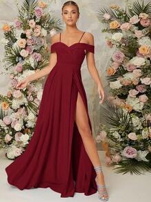Belle Vestido De Hombros Descubiertos Para Mujer Con Abertura Alta - Burdeos - Ver 1