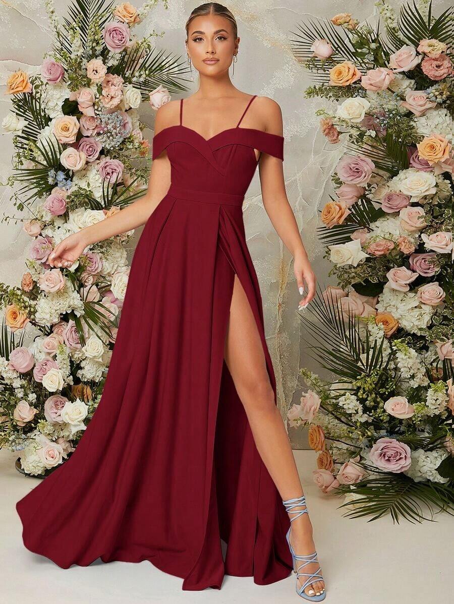 Belle Vestido De Hombros Descubiertos Para Mujer Con Abertura Alta - Burdeos - Ver 1