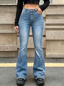 Women's Stretch Slim Fit Mid-Rise Flare Jeans With Side Pockets, Slimming & Stylish Trousers - 淺藍 - 查看 3
