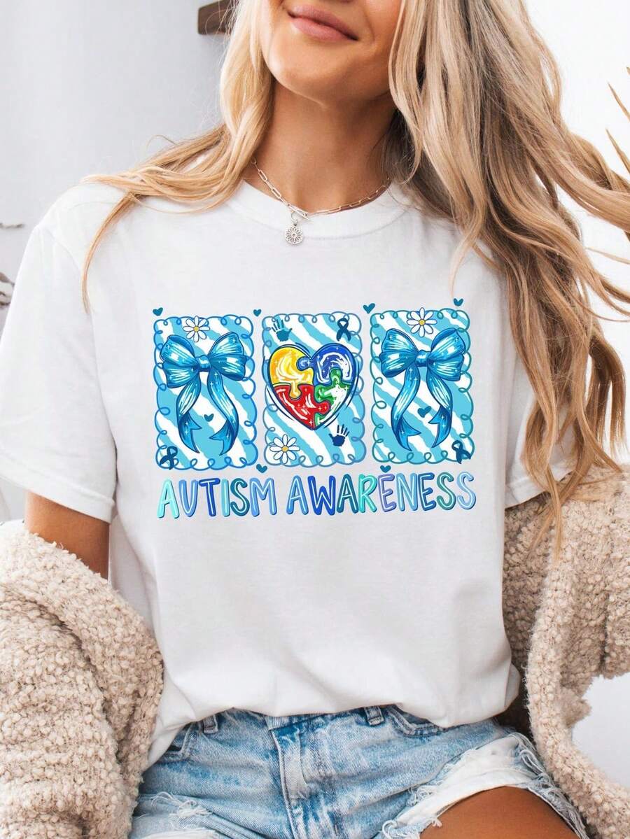 Autism Awareness T-Shirt, Heart And Neurodysplasia Puzzle Tee, Cute Bow Autism Awareness Tee, Gift For Parents Of Children With Autism, T-Shirt For Mothers And Teachers Of Children With Autism. Unisex 220g Pure Cotton T-Shirt, Ideal Weight For All Seasons, Suitable For Men And Women. Durable, High-Quality Fabric, Soft To The Touch And Long-Lasting. Breathable Top. Suitable For Women In Spring And Summer, Holidays, Mother's Day, Independence Day. - 白色 - 查看 1