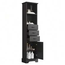 Meuble de salle de bain de 38 x 26 x 172,5 cm de hauteur, entièrement laqué pour une résistance à l'humidité, trois tiroirs + double étagère ouverte + portes d'armoire, étagères réglables, noir. - Noir - Voir 3