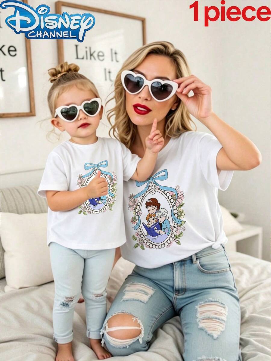 Disney 1pc Girls Casual Frozen Elsa And Anna Print Short Sleeve T-Shirt Mommy And Me Matching Outfits Clothes For Girls Summer - trắng - Xem 1