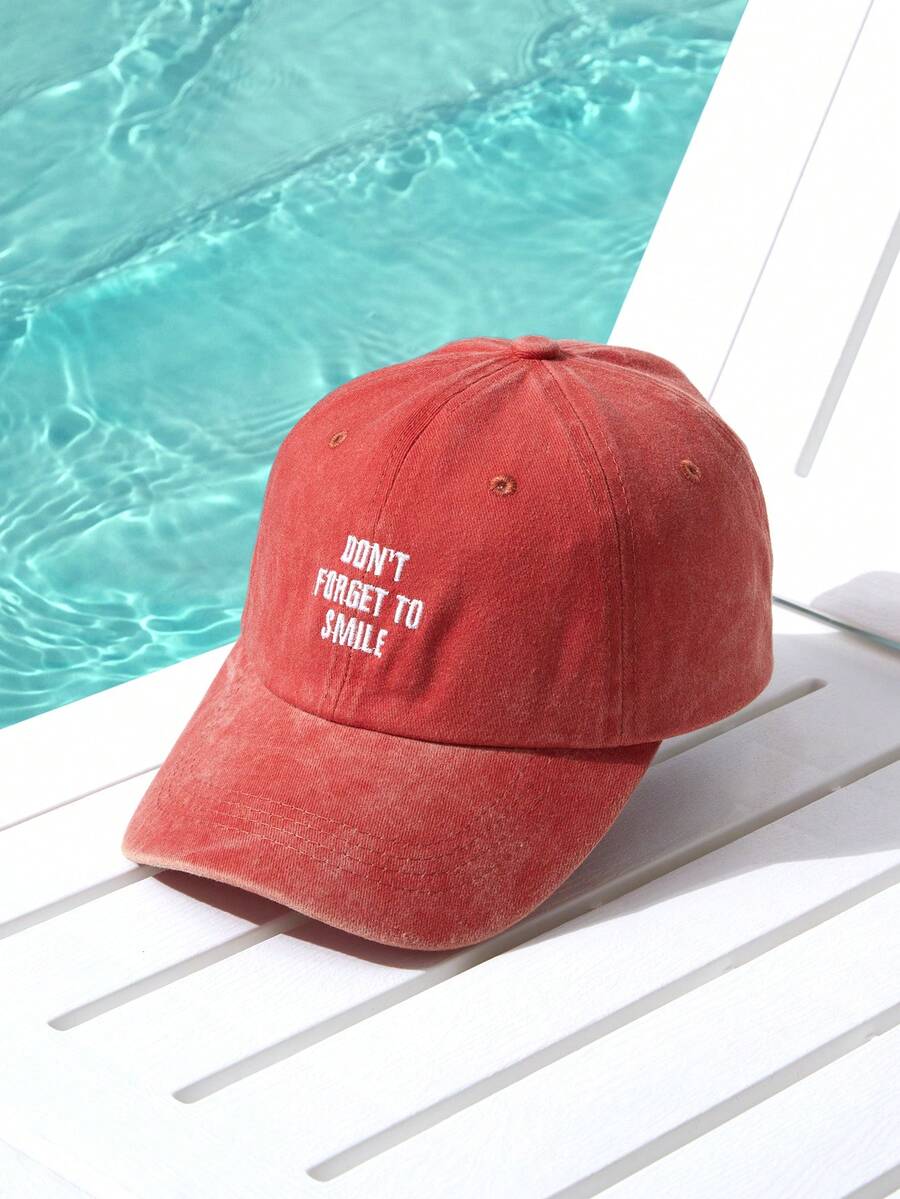 Trivaya 1pc Women's Don't Forget To Smile Washed Baseball Cap, Outdoor Adjustable Sun Protection Casual Cap, Suitable For Spring, Autumn, Travel, Beach Vacation, Men's Sun Hat, Y2k Style Youth Hat - Orange - View 1