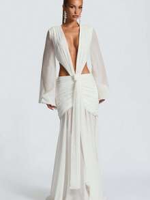 Vestido largo de gasa manga larga espalda descubierta color liso elegante - Blanco - Ver 6