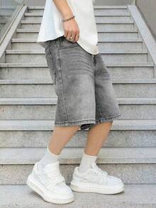 青少年男孩休閒復古寬鬆水洗牛仔短褲，夏季街頭風 - 淺灰色 - 查看 3