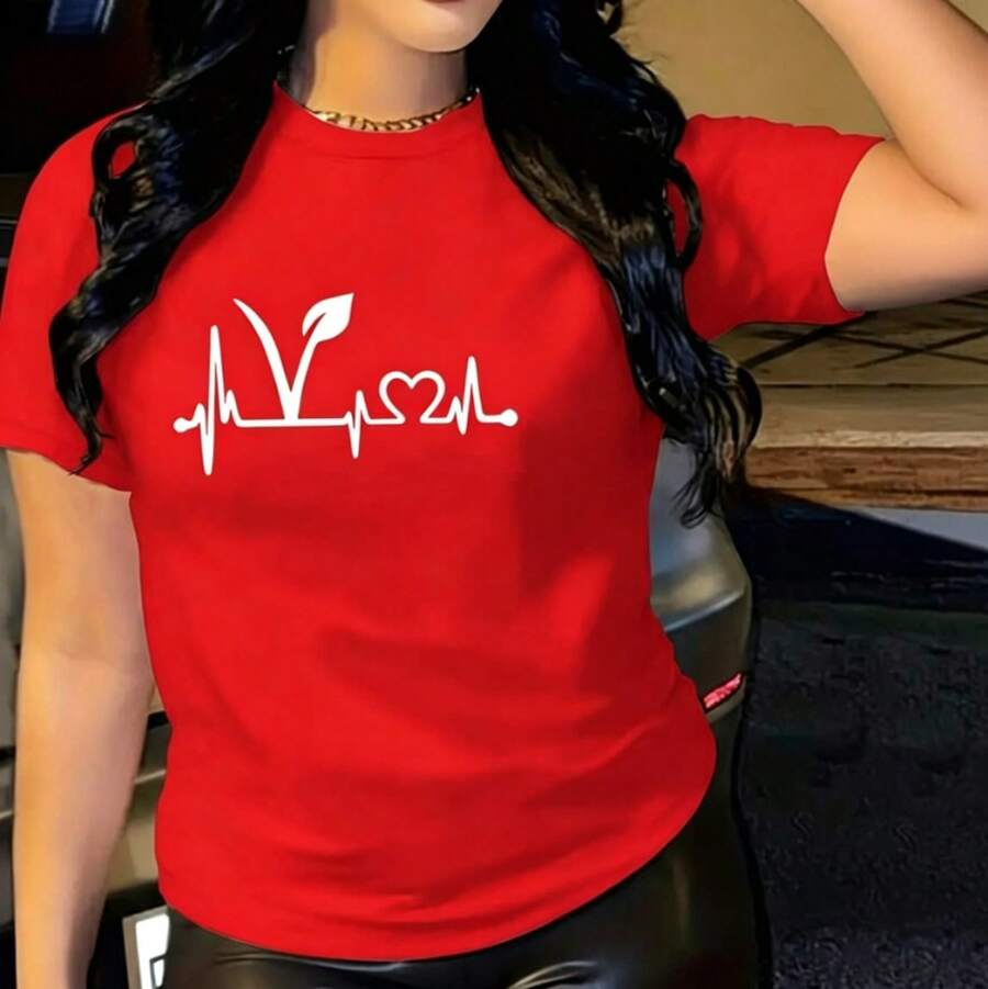 Camiseta Vintage de Algodón Puro para Mujer con Estampado de Latidos del Corazón, Cuello Redondo Casual, Manga Corta, Suave y Transpirable para Uso Diario, Tallas Disponibles, Camiseta Básica Negra para Verano, Diseño de Letras y Hojas, Corte Holgado para Ropa Casual. - Rojo - Ver 1