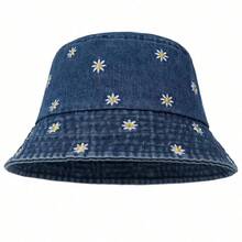 New Daisy Flower Bucket Hat For Women, Washed Denim Bucket Hat, Retro Casual Versatile Sun Protection Hat, Suitable For Spring, Summer, Autumn - Fisherman's Hat - View 3