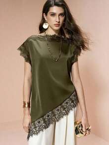 Camisa de mujer  en color caqui, de tela popelín, con parche de encaje de unicolor elegante y bajo asimétrico, elegante para citas, atuendos de verano para mujeres, blusas de verano - Verde militar - Ver 3