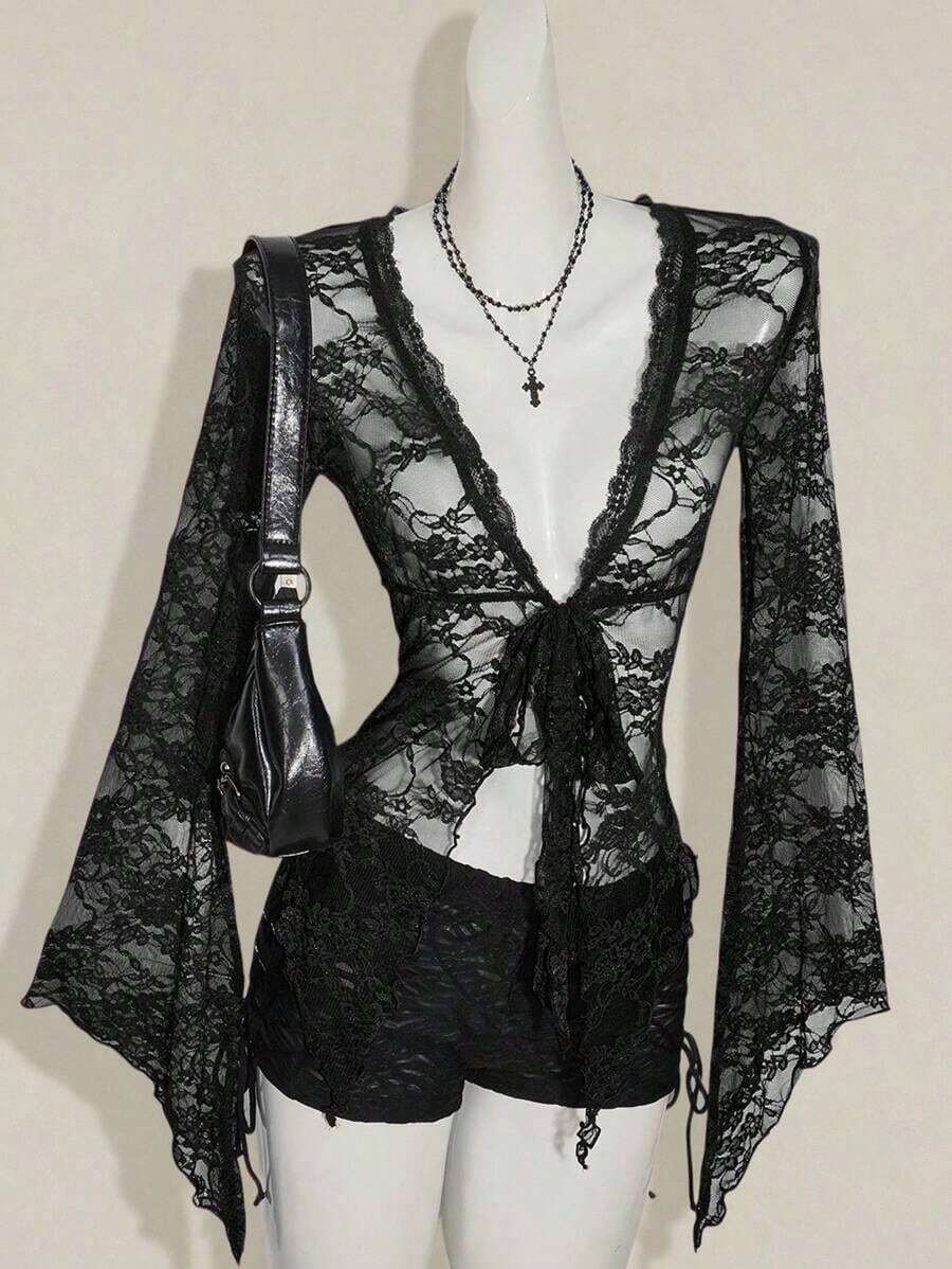 ICON Cárdigan transparente con mangas acampanadas y bajo asimétrico con estampado vintage para mujeres - Negro - Ver 1