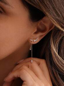 1 đôi bông tai dáng dài đính kim cương nhỏ nhắn, bông tai tua rua đính kim cương CZ, bông tai bạc Sterling, trang sức cưới, quà tặng cho phù dâu, quà Giáng sinh. - Vàng - Xem 2