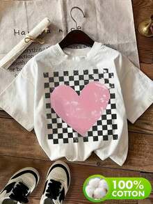 Ropa de mujer de talla grande, camiseta casual de manga corta con cuello redondo, estampado a cuadros con forma de corazón, adecuada para el Día de San Valentín. - Blanco - Ver 5