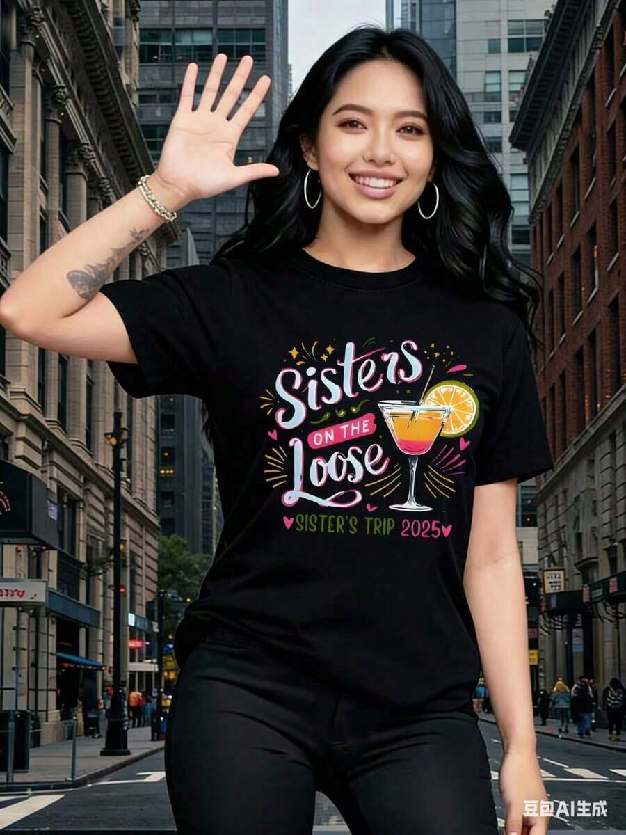 Camisetas de manga corta para mujer, con estampados interesantes, ropa hermosa. Camiseta holgada con estampado de cóctel blanco y rodaja de naranja, diseño de camiseta para viajes de hermanas, para mujeres, para viajes, fiestas, salidas, ropa casual. - Negro - Ver 1