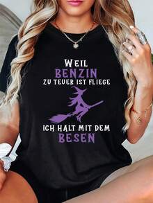 Women's T-Shirt With German Witch Print, Casual Short-Sleeved Round Neck Top, Spring-Summer Clothing For Women, A Very Distinctive Printed T-Shirt / Unisex Style / Suitable For Both Men And Women / Wrinkle Resistant / Breathable. - 黑色 - 查看 1