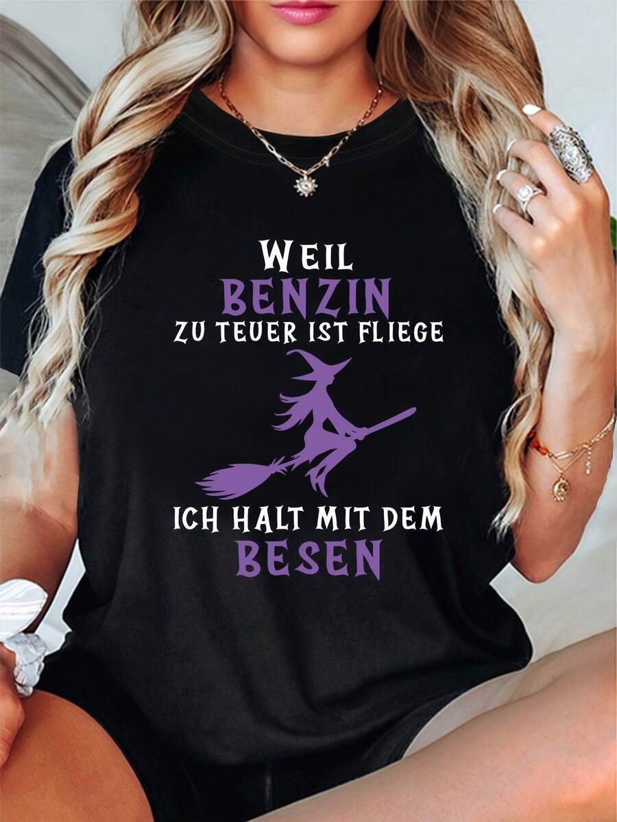 Women's T-Shirt With German Witch Print, Casual Short-Sleeved Round Neck Top, Spring-Summer Clothing For Women, A Very Distinctive Printed T-Shirt / Unisex Style / Suitable For Both Men And Women / Wrinkle Resistant / Breathable. - 黑色 - 查看 1