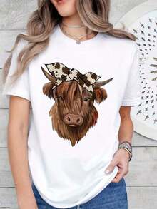 ropa de mujer Highland Cattle Camiseta de mujer de algodón de manga corta con cuello redondo, camisa casual, camisas de mujer - Blanco - Ver 6