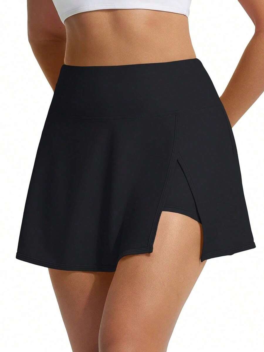 baleaf Women's High Waisted 14" Swim Skirts Boxer Liner Quick Dry Tennis Skirt Bathing Suit Split Swimsuit Bottom With Pocket - 黑色 - 查看 1