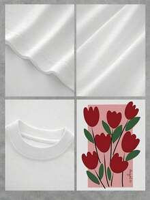 Elegant Women's T-Shirt With Abstract Floral Print, Stylish Round Neck T-Shirt For Casual Wear, Soft And Comfortable Fabric, Vibrant Red Tulip Design, Perfect For Everyday Fashion, It Is A Wonderful Gift Choice With A Unique Pattern And Modern Fit, Ideal For Summer Outfits And Layering, Express Your Personality With This Eye-Catching Top. - 白色 - 查看 4