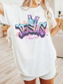 Camiseta Cristiana Retro, Camiseta de los 90, Camiseta de Jesús, Estilo Aerografiado Oversized, Regalo para Ella Adolescente Cristiana, Camisetas Casuales Elegantes con Graffiti, Ropa Deportiva 100% Algodón, Transpirable y Cómoda, Adecuada para primavera, verano y otoño. - Blanco - Ver 1