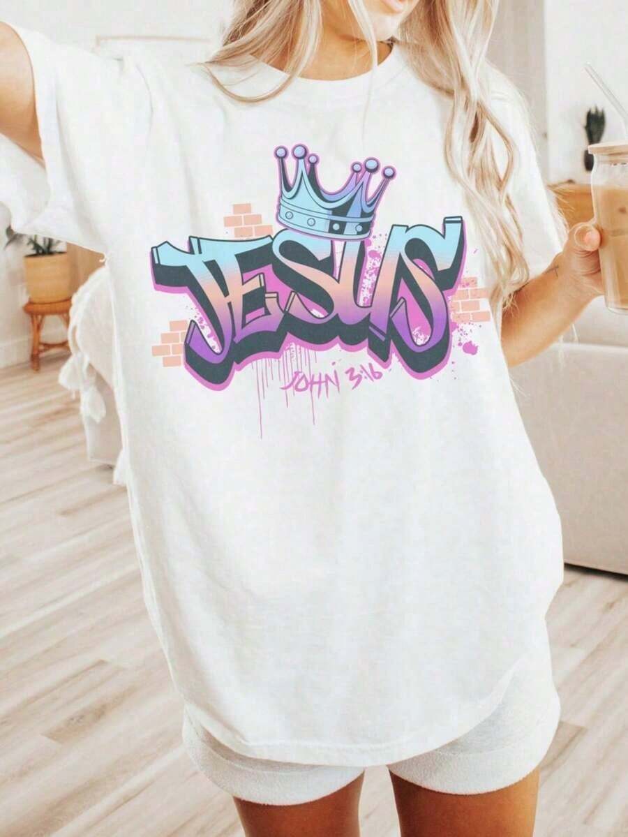 Camiseta Cristiana Retro, Camiseta de los 90, Camiseta de Jesús, Estilo Aerografiado Oversized, Regalo para Ella Adolescente Cristiana, Camisetas Casuales Elegantes con Graffiti, Ropa Deportiva 100% Algodón, Transpirable y Cómoda, Adecuada para primavera, verano y otoño. - Blanco - Ver 1