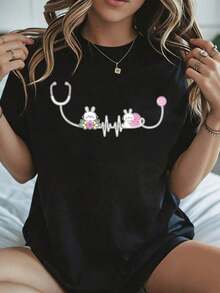 Camiseta con Estampado de Conejito y Estetoscopio, Blanca, Casual, para Primavera/Verano, Pascua - Negro - Ver 8
