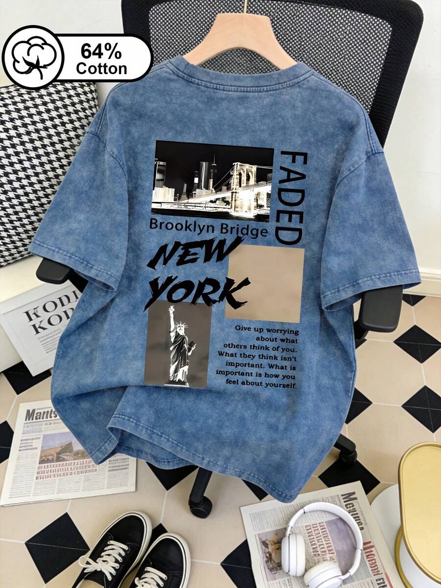 Áo thun nữ, in hình New York và Tượng Nữ thần Tự do, áo thun ngắn tay kiểu vintage họa tiết bông tuyết, trang phục ngoài trời, áo nữ mùa hè kiểu thường ngày - Màu xanh lam - Xem 1