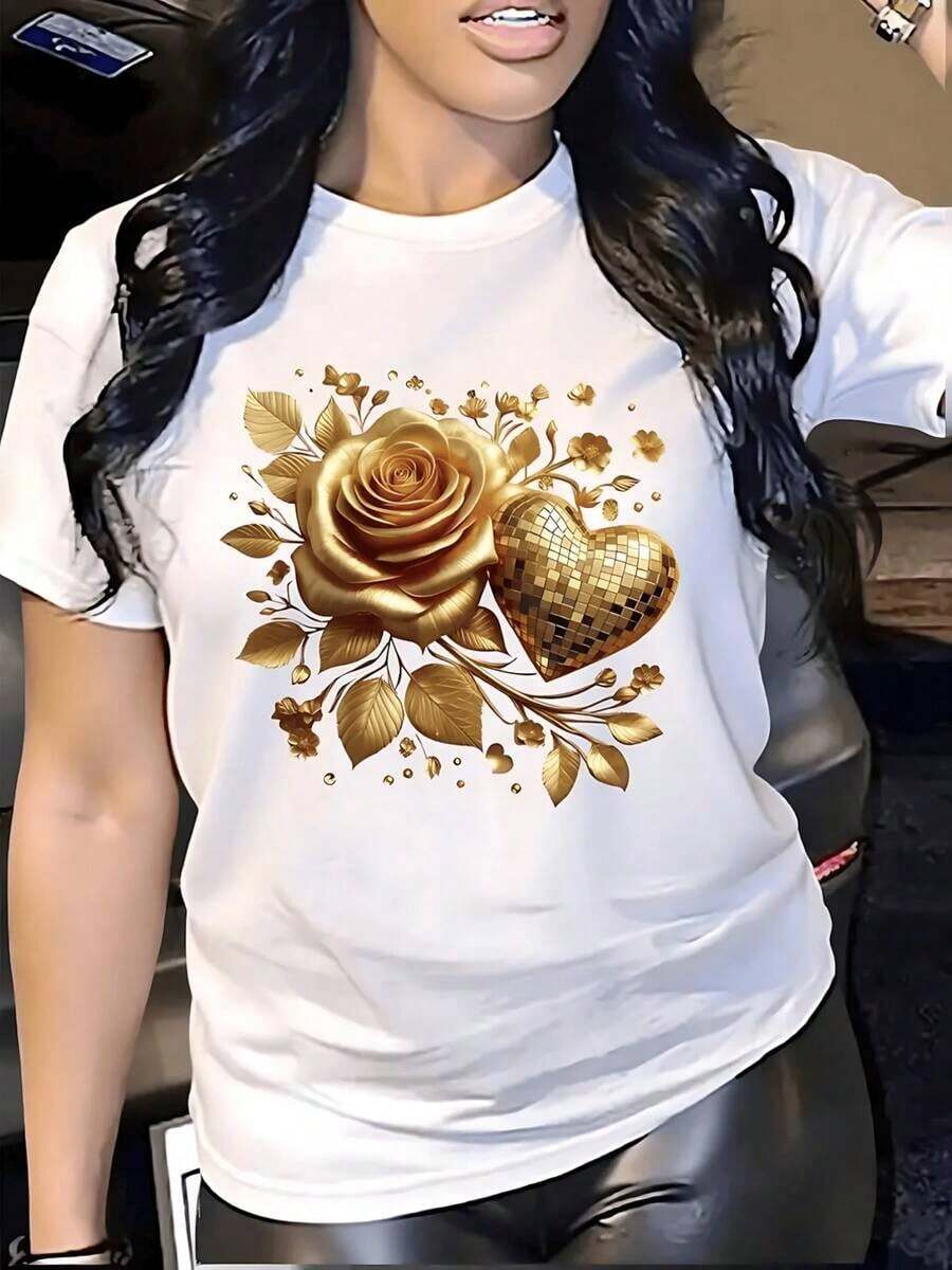Women's Soft Cotton Black T-Shirt With Gold Floral Design, Rose And Sparkly Heart, Elegant Graphic Print, Casual Summer Fashion, Comfortable - 白色 - 查看 1