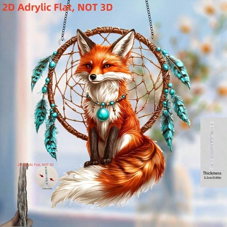 Atrapasueños plano 2D de zorro - Decoración colgante de cristal con tema animal, decoración navideña, decoración de habitación estilo bohemio y granja, regalo ideal para hombres, mujeres y amigos - Adorno colgante para el hogar y la habitación - Multicolor - Ver 1