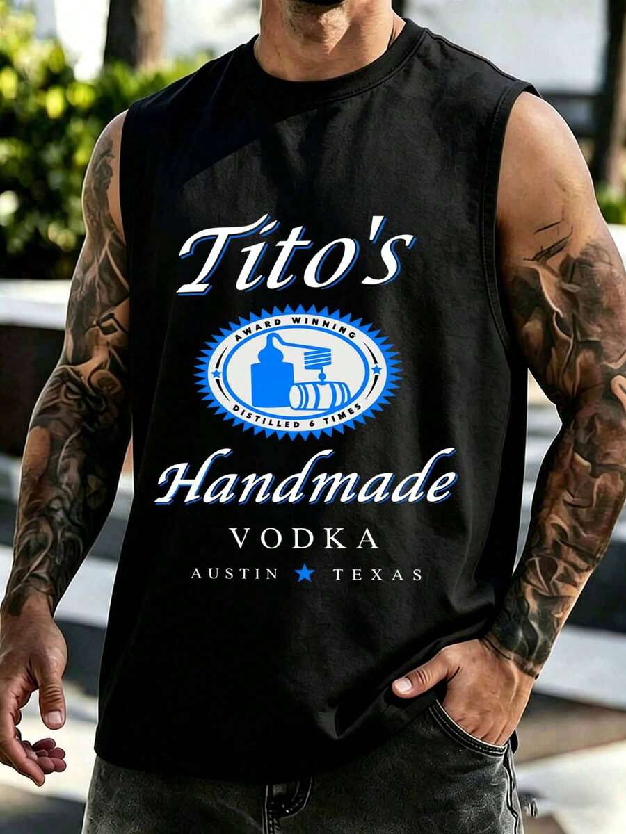 Titos Handmade Vodka Austin Texas Award Winning Distilled Six Times Logo Sleeveless Tank Top Suitable For Casual And Sports Wear - Black - View 1