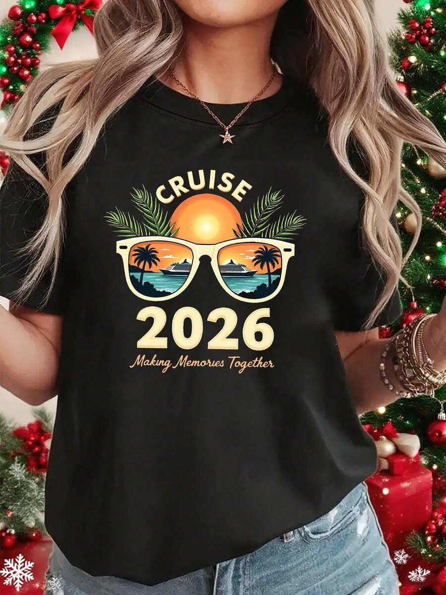 Women's Retro Holiday Style Short Sleeve Crew Neck T-Shirt, New 2026 Collection, Printed, For Casual Shopping, Holiday Gifts, Meetings With Friends, Music Parties And Holiday Wear. - 黑色 - 查看 1